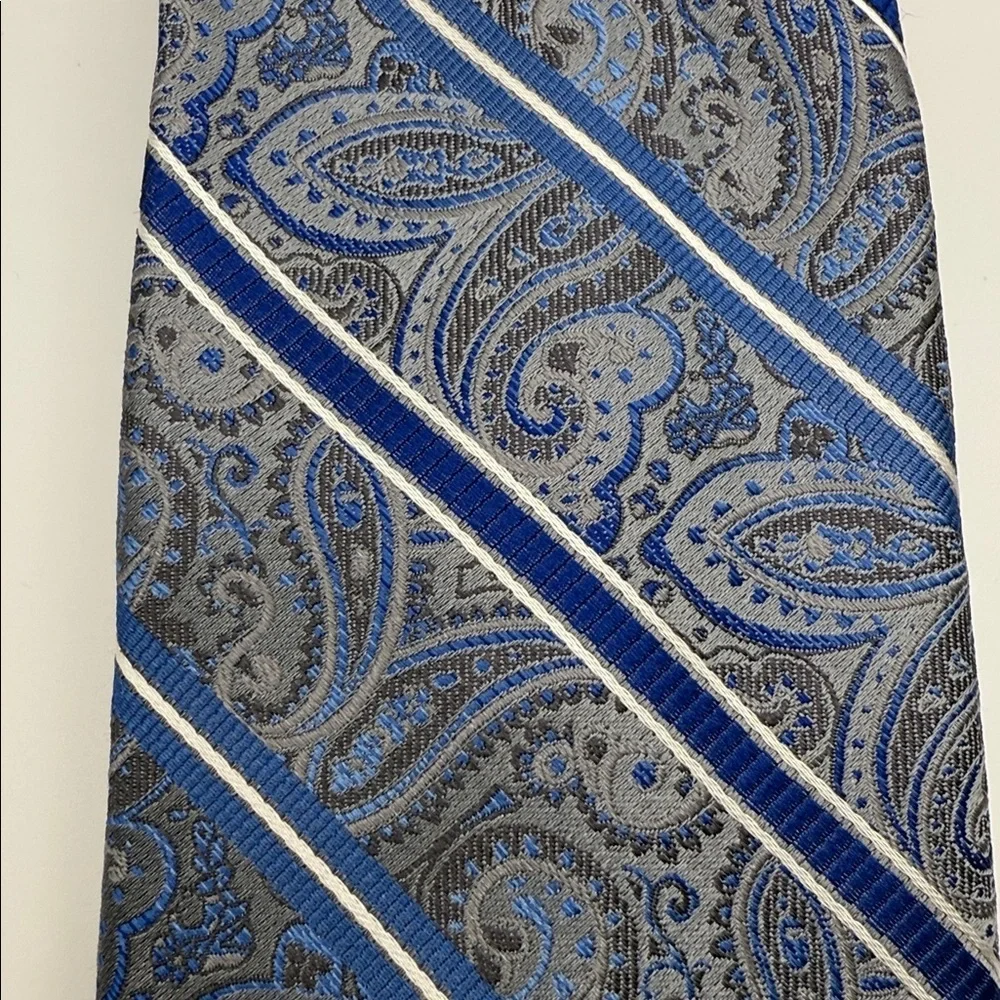PRONTO UOMO Couture Silk Necktie LUXURY Silver Blue Striped Paisley